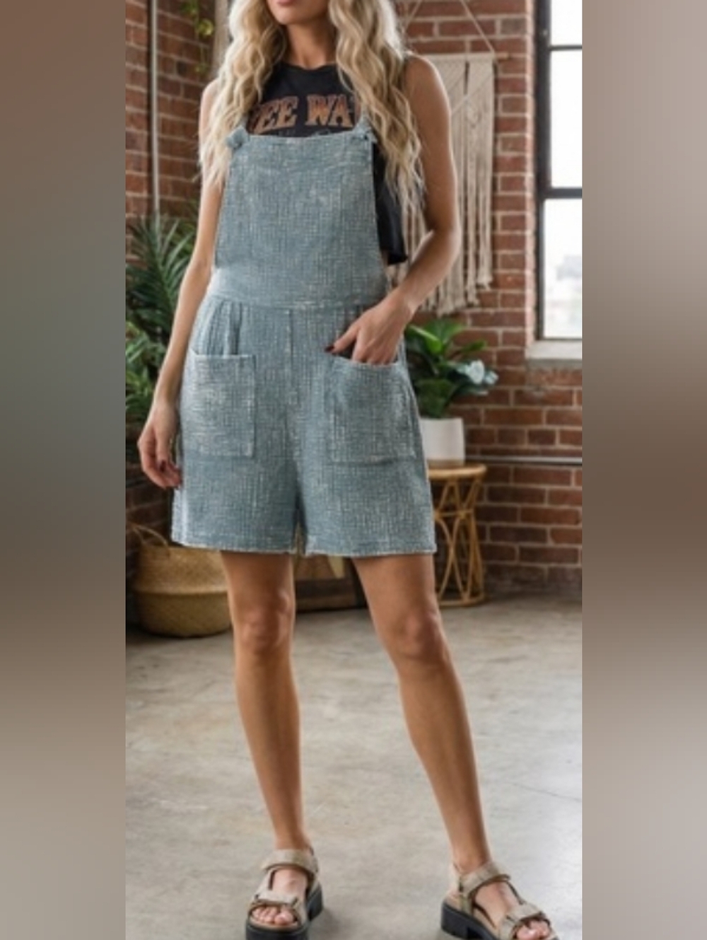 Zenana Women's Cotton Double Gauze Acid Wash Romper Blue Grey Tie Strap Sz S,M